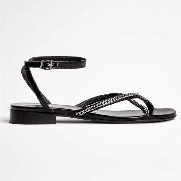 NIB Zadig & Voltaire Rockzy Vintage Patent and Chains Flat Sandals Black Sz 36 - Picture 1 of 13
